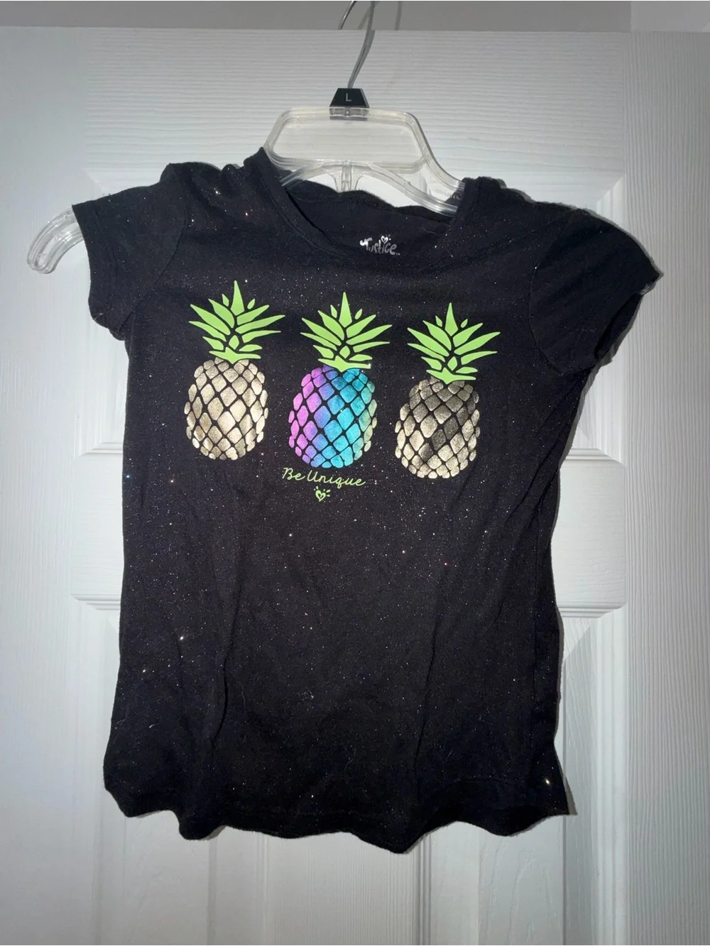 Justice Black Tee with Neon Pineapple Trio